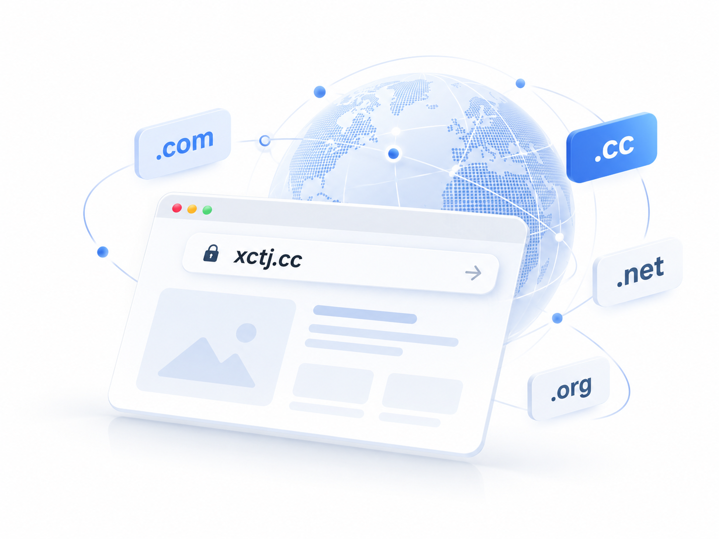 Domain illustration featuring xctj.cc, a globe and domain extensions